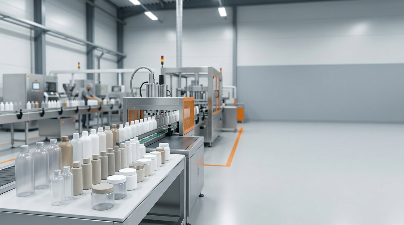 קו ייצור נקי של בקבוקי וצנצנות פלסטיק במפעל תעשייתי מסודר