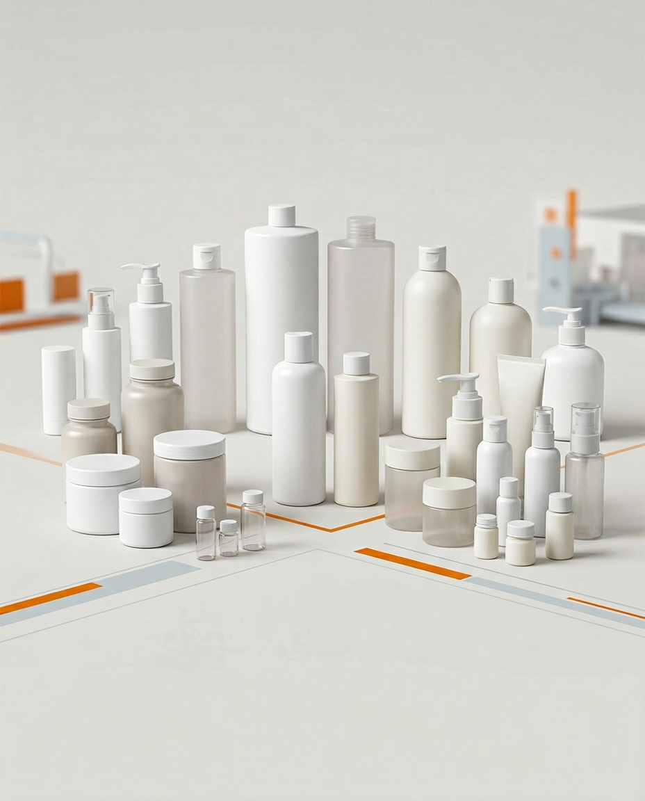 משפחת בקבוקי וצנצנות פלסטיק נקיים בגדלים שונים על רקע בהיר