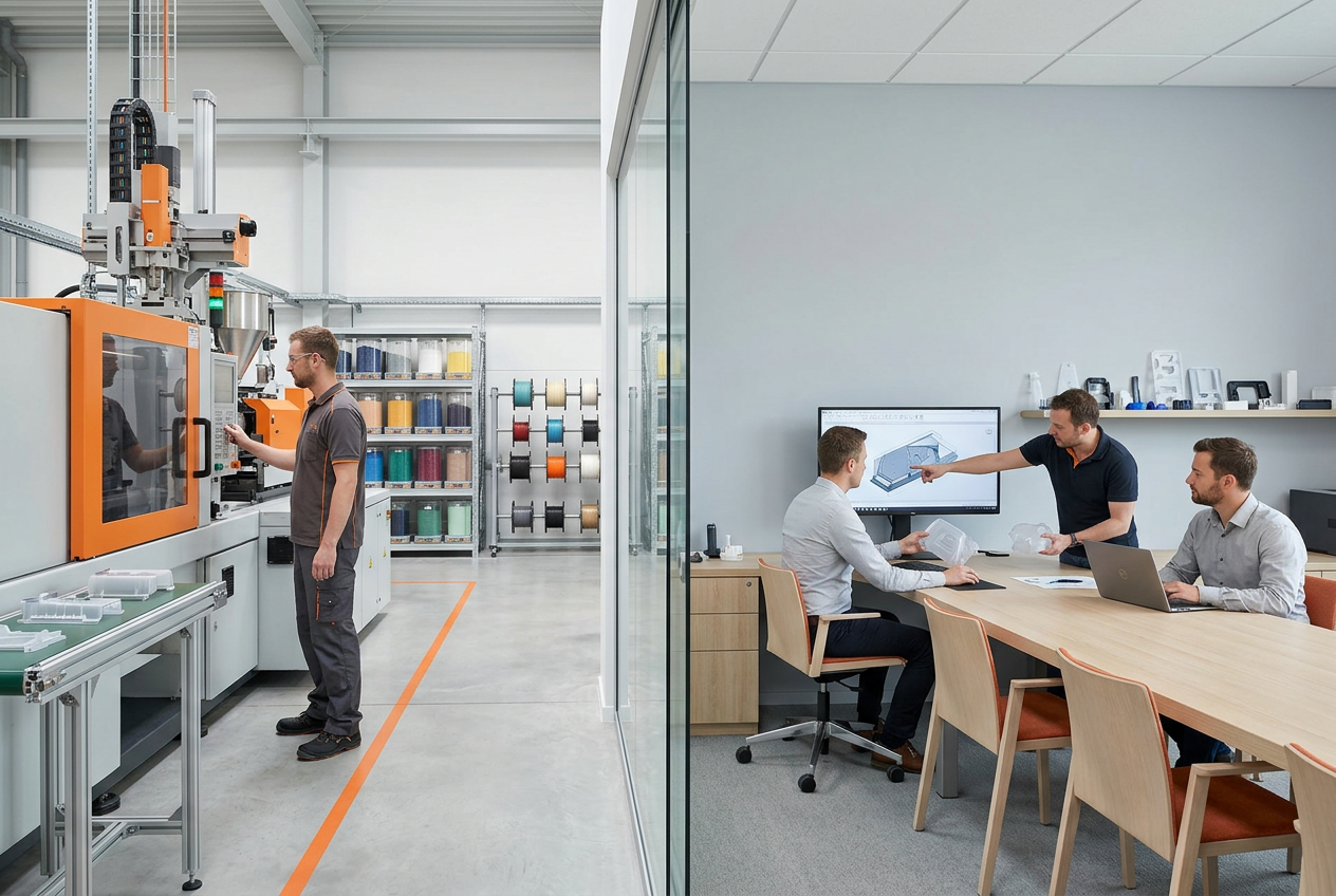 שילוב בין סביבת מפעל מסודרת לבין מוקד משרדי מקצועי הממחיש את מבנה הפעילות של החברה