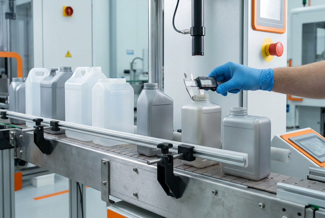 תקריב של מכלי פלסטיק מדויקים בסביבת ייצור נקייה המדגישה בקרת איכות