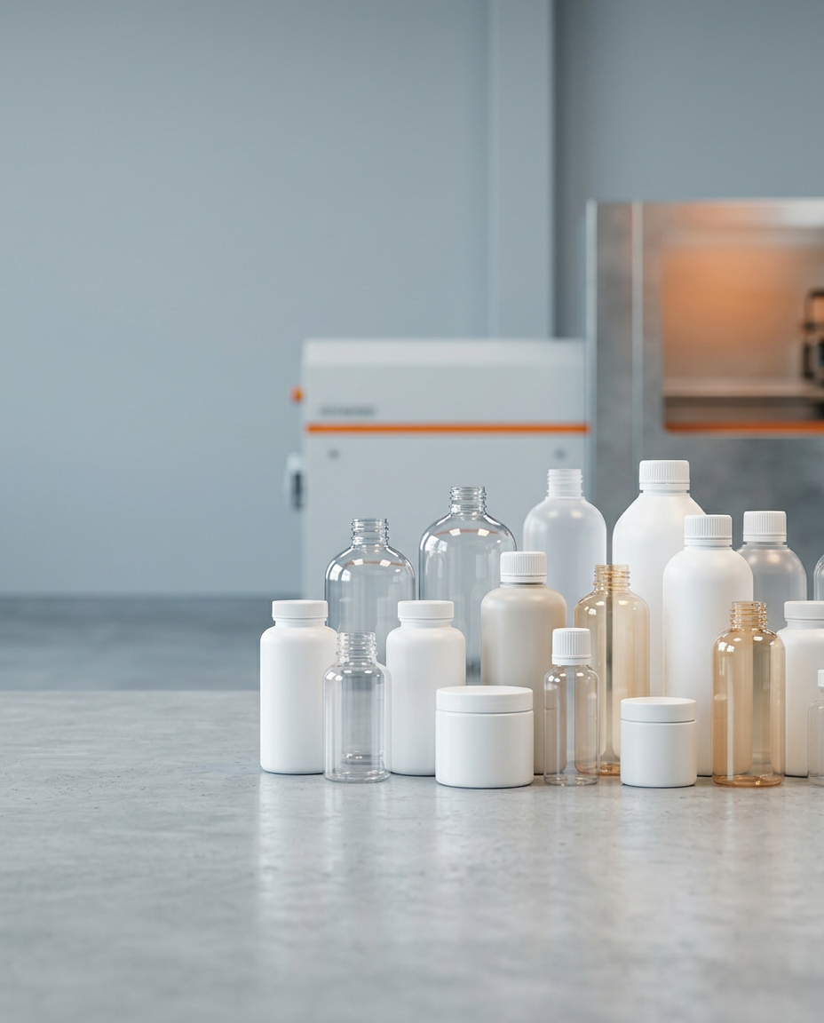 מגוון בקבוקי פלסטיק וצנצנות נקיים המוצגים באופן תעשייתי ומסודר