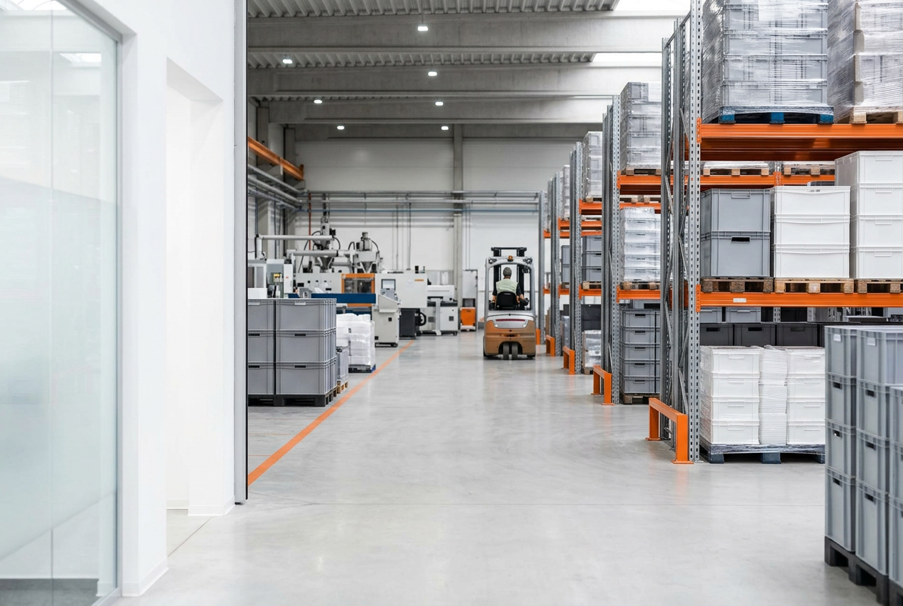 סביבת עבודה תעשייתית נקייה הקשורה לייצור ואחסון אריזות פלסטיק