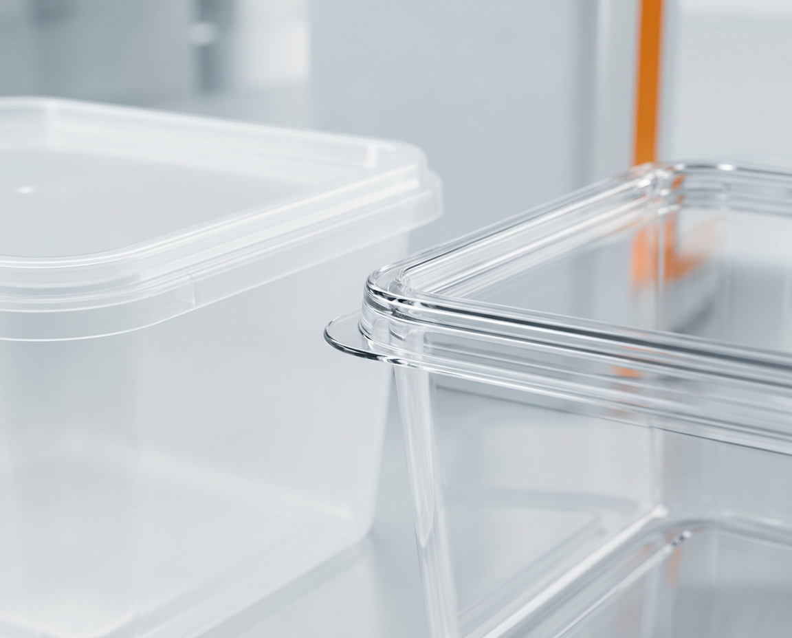 תקריב של אריזת פלסטיק נקייה המדגיש איכות חומר ודיוק ייצור