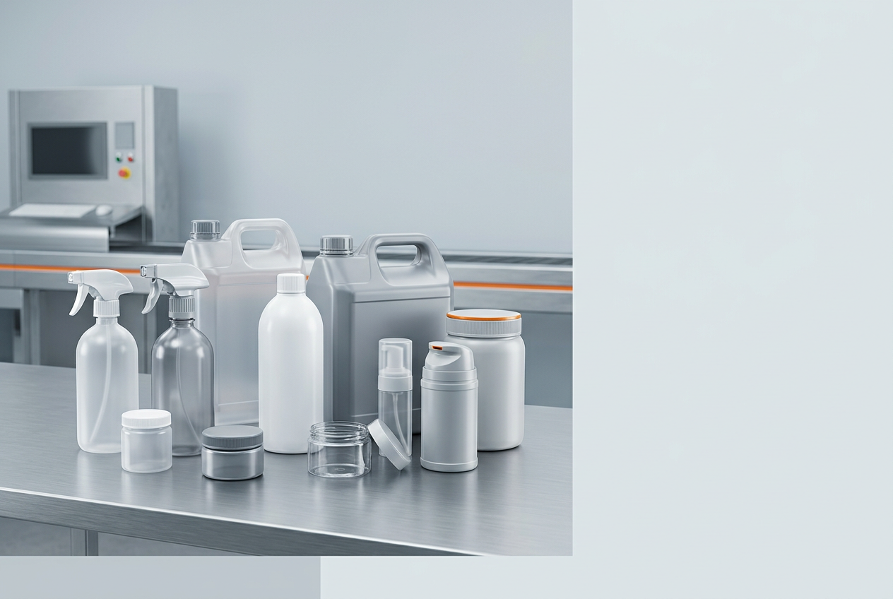 משפחת בקבוקי פלסטיק וצנצנות נקיות המייצגת פיתוח וייצור אריזות לפי דרישה