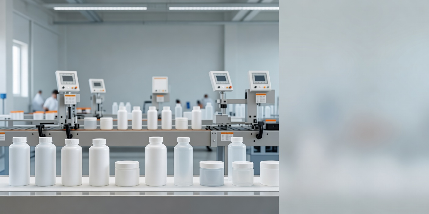 בקבוקי וצנצנות פלסטיק בסביבת ייצור תעשייתית נקייה