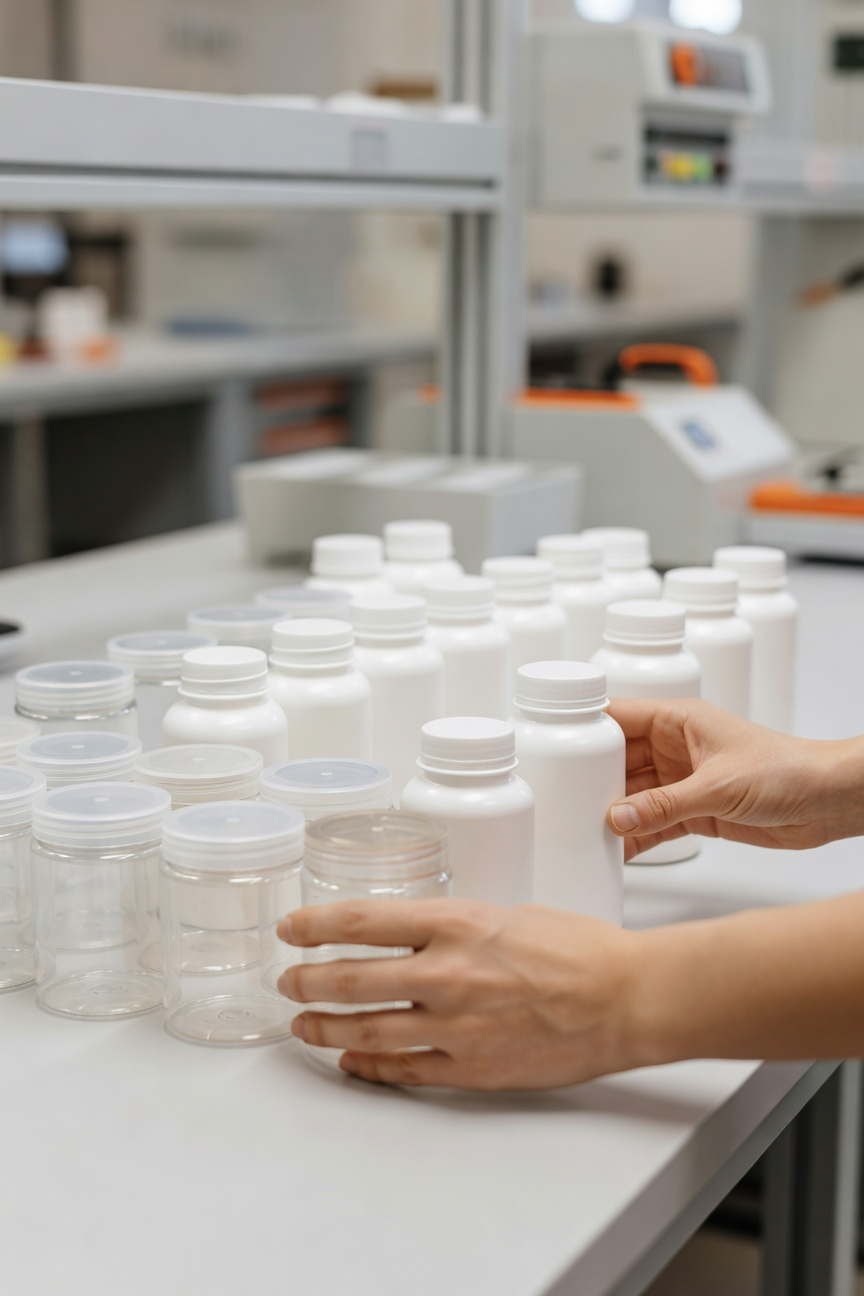 סידור ובדיקה של בקבוקי וצנצנות פלסטיק בסביבה נקייה