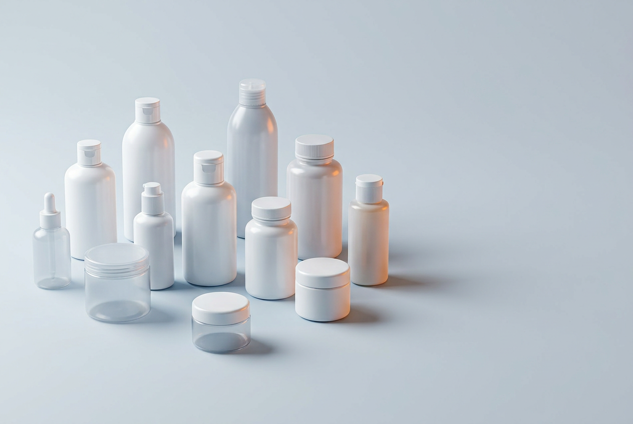 מגוון בקבוקי פלסטיק וצנצנות נקיים המוצגים כמשפחת מוצרים תעשייתית