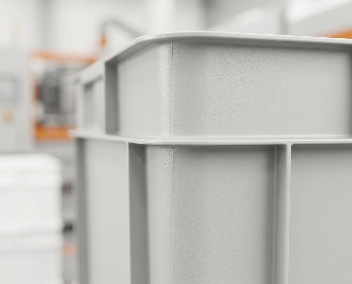 תקריב של מכל פלסטיק נקי המדגיש איכות חומר ודיוק ייצור