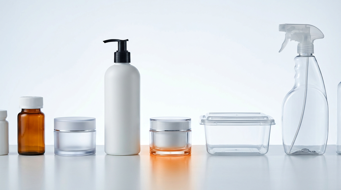 משפחות אריזות שונות המשקפות שימושים בפארמה, קוסמטיקה, מזון ומוצרי צריכה