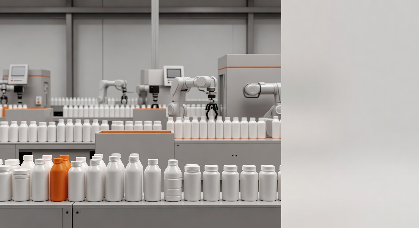 בקבוקי וצנצנות פלסטיק בסביבת ייצור תעשייתית נקייה עם קווי ייצור מסודרים