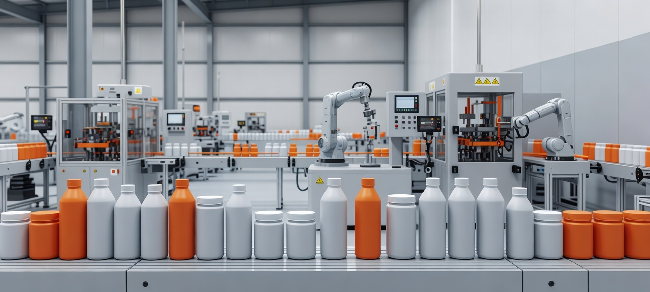 קו ייצור של אריזות פלסטיק במפעל תעשייתי נקי