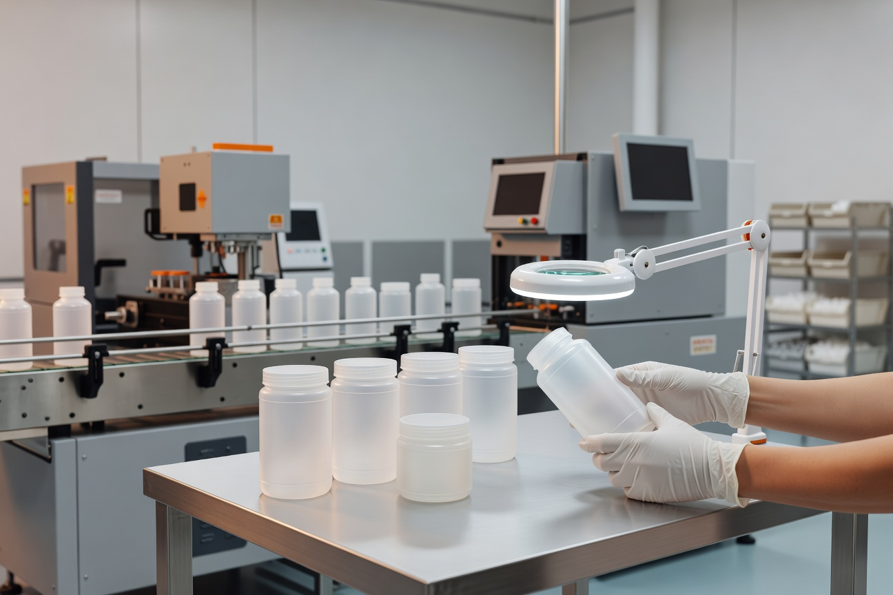 בדיקת איכות של אריזות פלסטיק בסביבה מבוקרת ונקייה