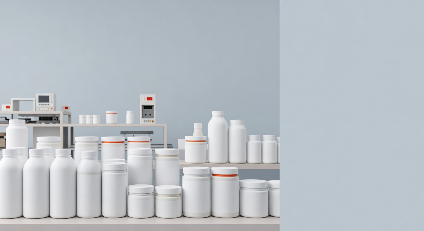 מכלי פלסטיק תעשייתיים מסודרים בסביבת ייצור נקייה עם אזור רגוע לטקסט